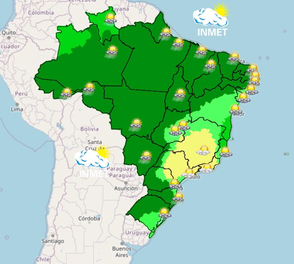 Mapa mostra previsão de chuva para esta terça (22) em todo o Brasil. — Foto: Inmet/Reprodução