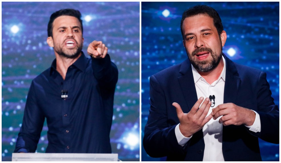 Os candidatos à Prefeitura de SP Pablo Marçal (PRTB) e Guilherme Boulos (PSOL), durante o debate da TV Bandeirantes, no Morumbi, Zona Sul da capital paulista em 08 de agosto de 2024. — Foto: ALOISIO MAURICIO/FOTOARENA/ESTADÃO CONTEÚDO