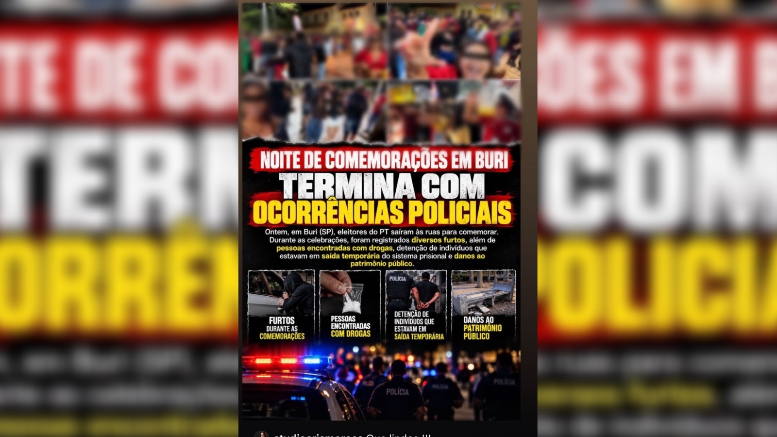 Mulher procura a autoridades policiais após ter imagem associada a crimes durante comemoração política em Buri