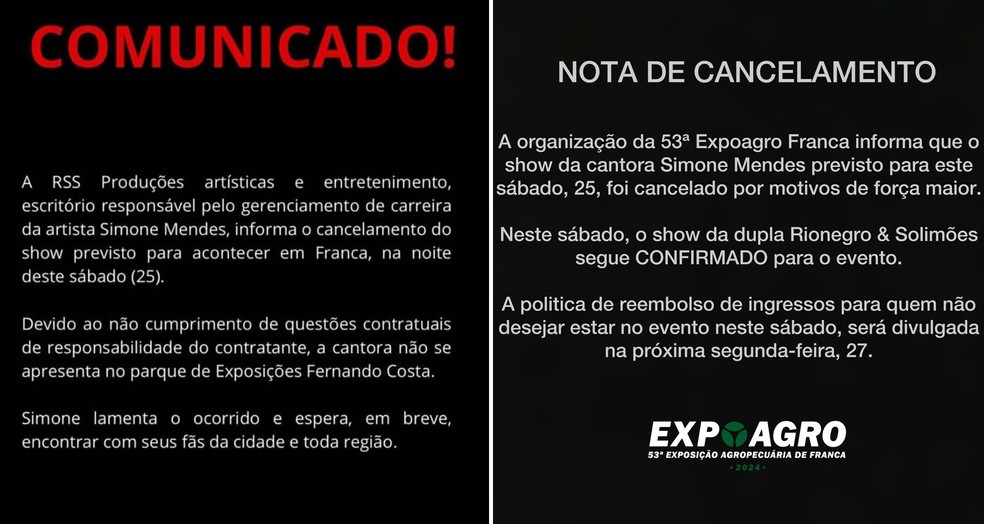 Comunicados sobre cancelamento do show de Simone Mendes na Expoagro em Franca, SP — Foto: Divulgação