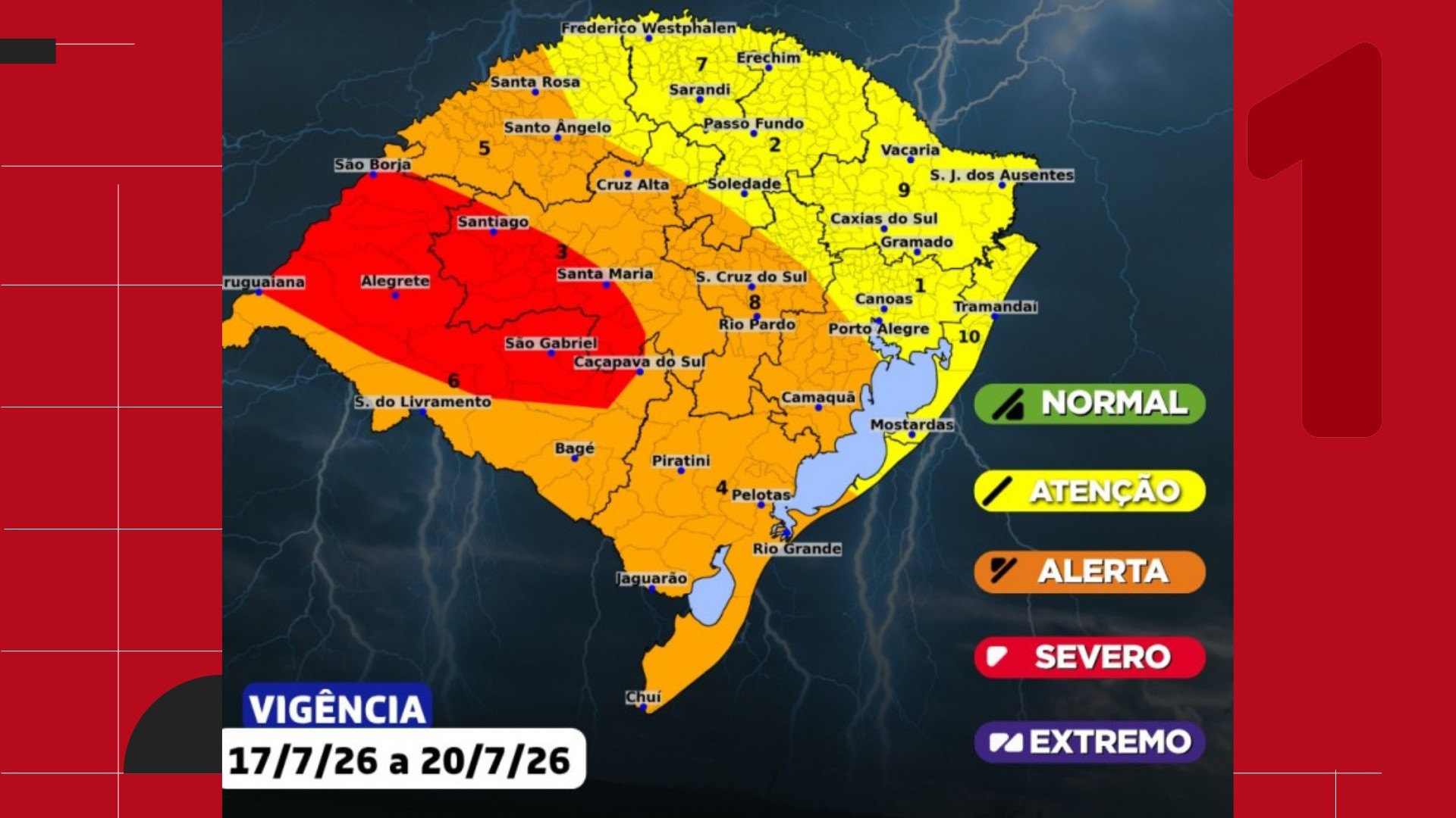 Defesa Civil aponta que áreas sob risco severo no RS podem registrar temporais com granizo e possibilidade de tornados
