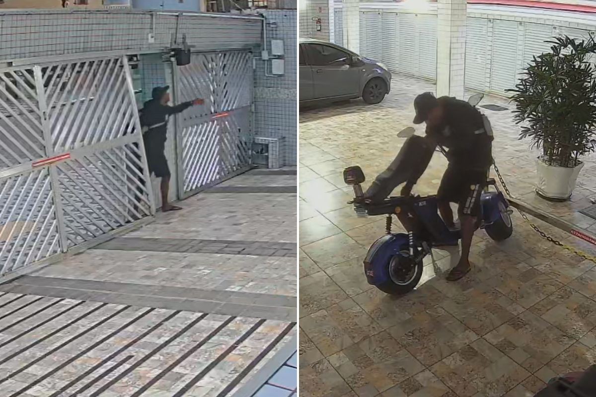 Homem arromba portão de prédio e furta bateria de bicicleta elétrica no litoral de SP; VÍDEO