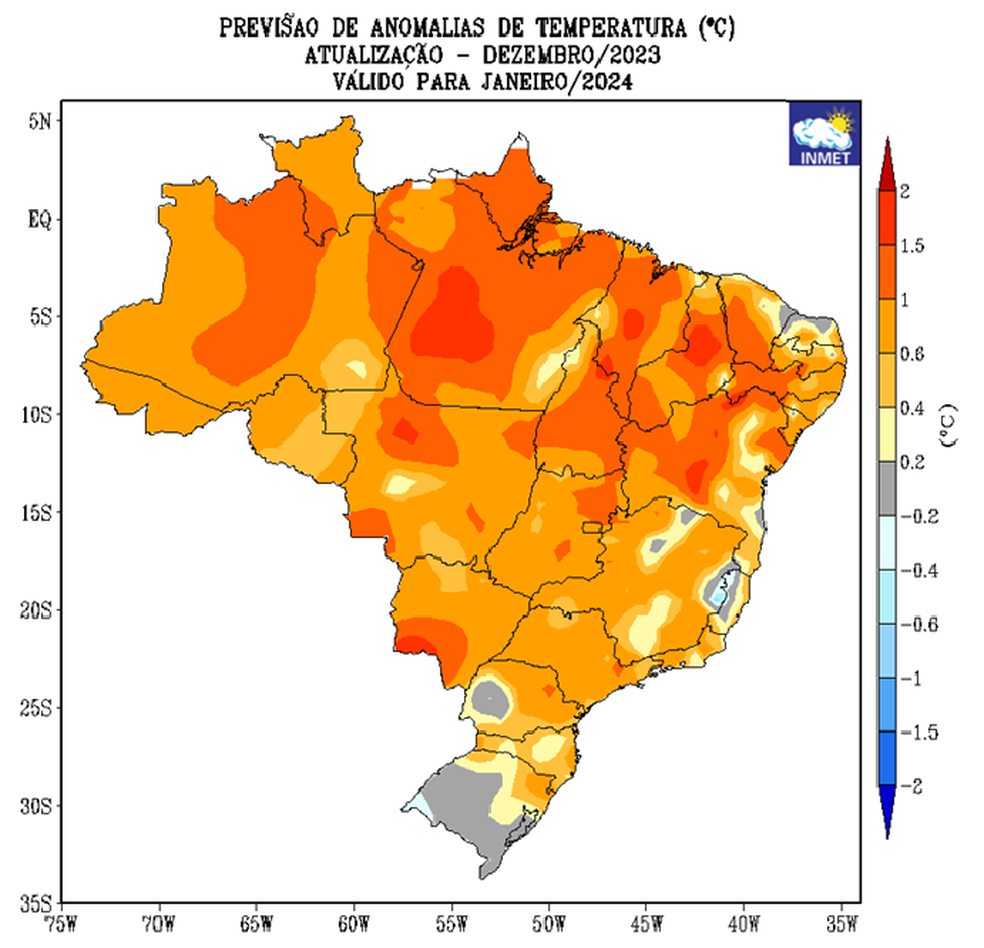 Projeção do INMET indica temperaturas acima da média para boa parte do Brasil em janeiro. — Foto: INMET