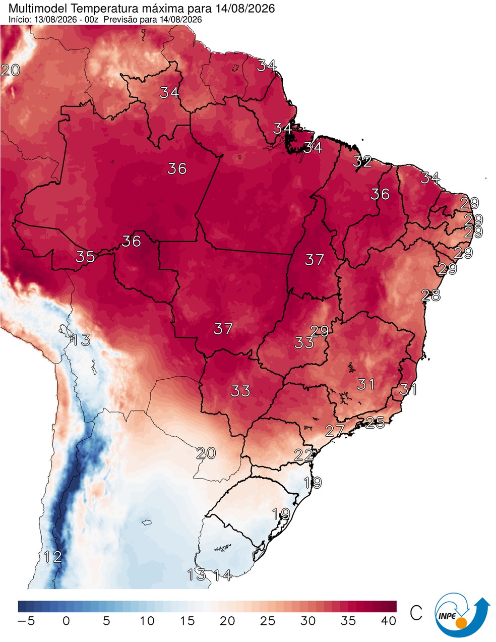 Temperaturas máximas previstas para esta sexta em todo o Brasil. — Foto: CPTEC/Inpe
