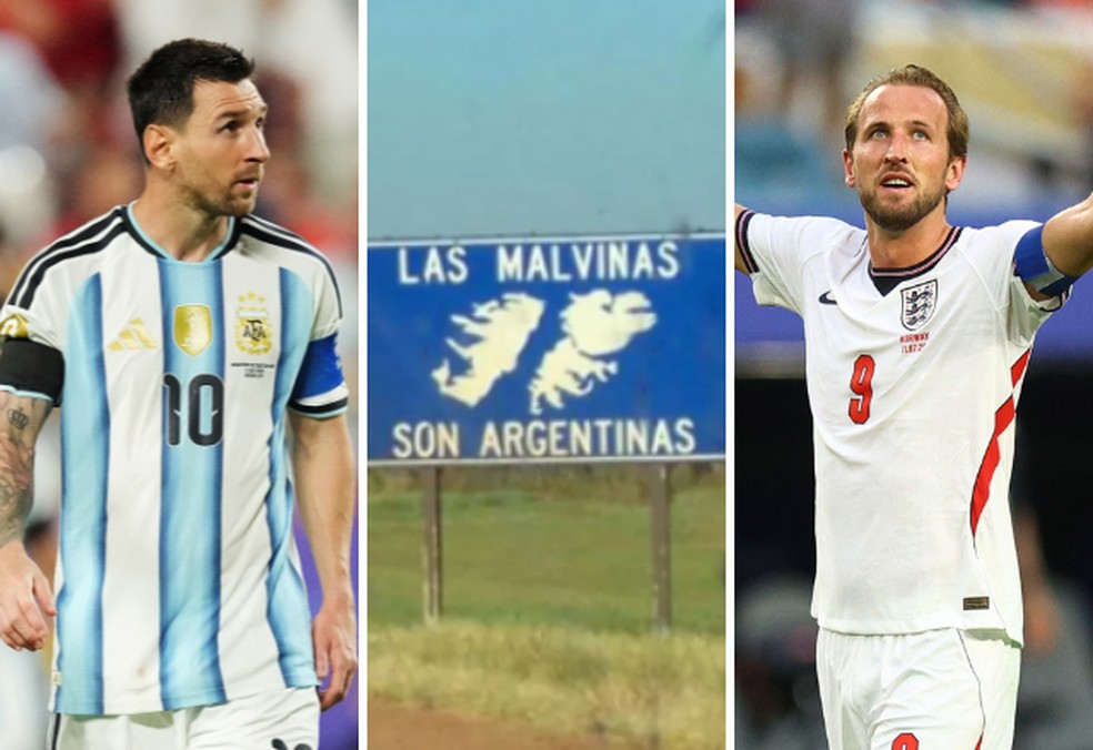 Montagem mostra Messi, Kane e uma placa argentina sobre as Ilhas Malvinas — Foto: Reuters/Denny Medley, e Kibisz/Creativa Commons Reuters/Nathan Ray Seebeck