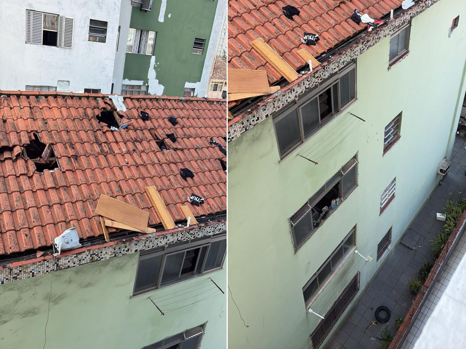 Homem joga eletrodomésticos e roupas pela janela durante briga de casal e destrói telhado de condomínio no litoral de SP; VÍDEO  