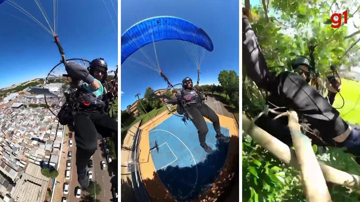 VÍDEO: paramotor falha durante voo sobre cemitério e câmera de piloto registra pouso forçado em árvore no RS