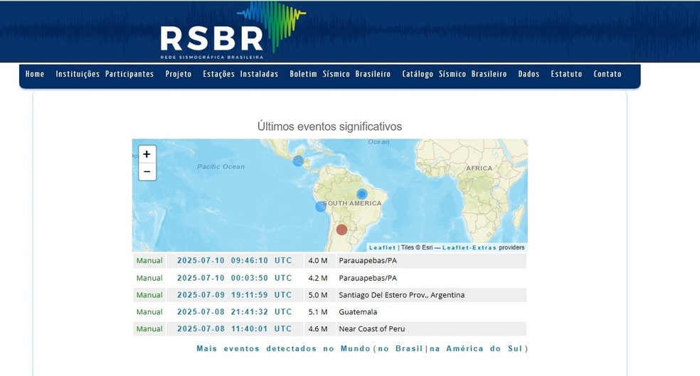 Últimos eventos significativos da Rede Sismográfica Brasileira — Foto: RSBR