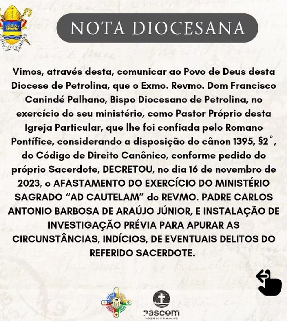 Nota Diocesana - afastamento padre Carlos Junior — Foto: Reprodução/ Diocese