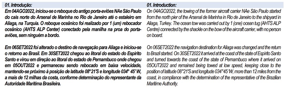 Relatório de vistoria revela que antigo porta-aviões São Paulo foi para o Espírito Santo antes de vir para Pernambuco. — Foto: Reprodução
