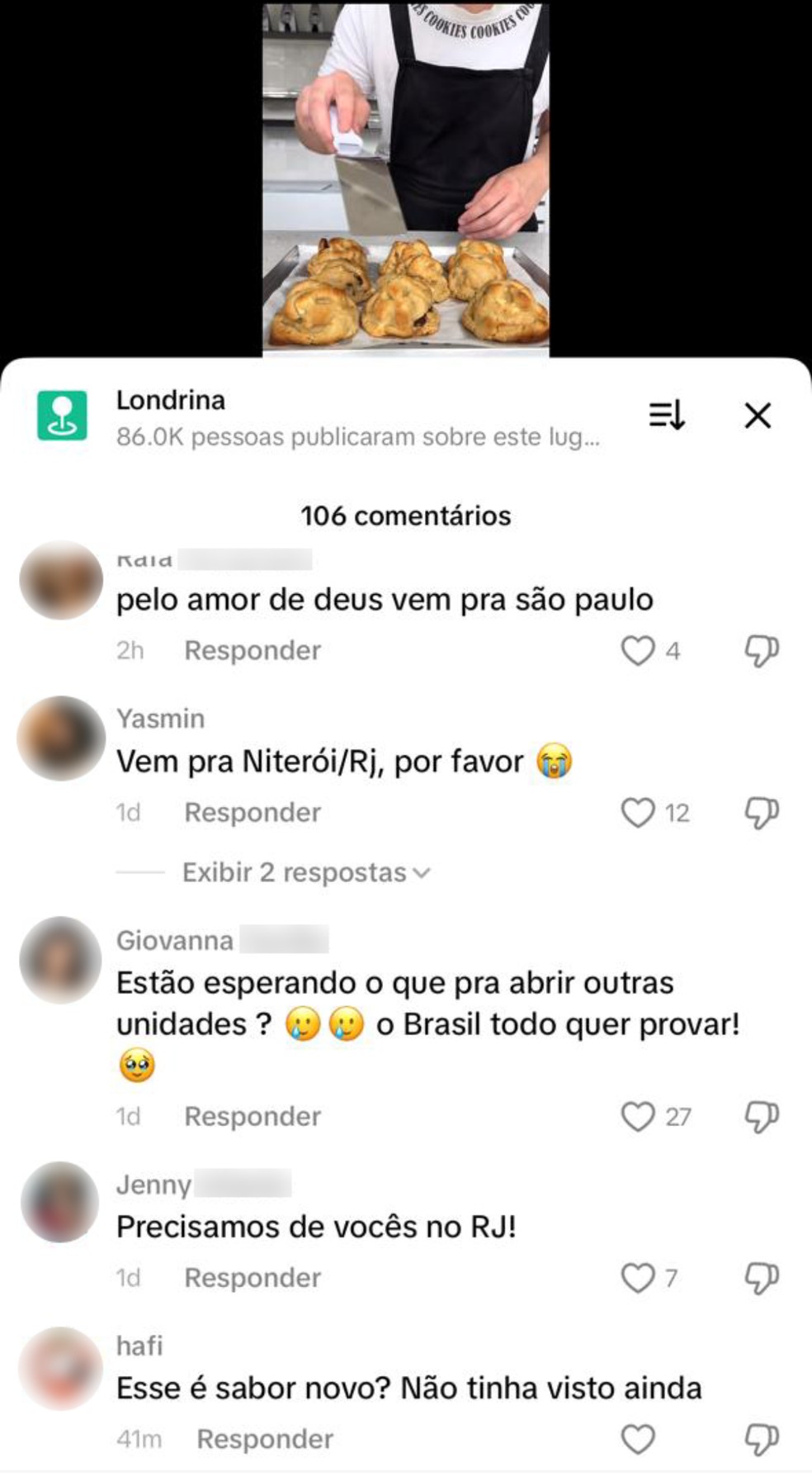 Comentários em uma das publicações da Baudelaire no TikTok. — Foto: Reprodução