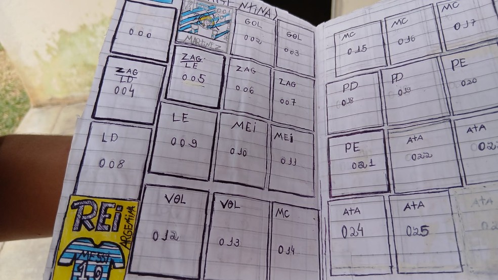 Na parte da Argentina, do �lbum desenhado, garoto pintou "Rei" na figurinha de Lionel Messi � Foto: Arquivo Pessoal