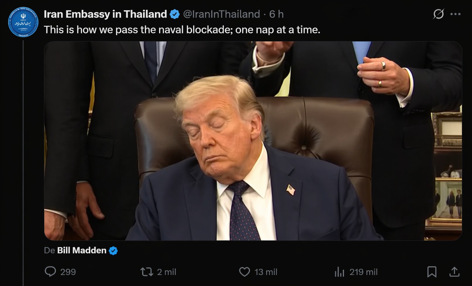 'É assim que passamos o bloqueio naval; uma soneca de cada vez': Irã provoca Trump após aparente cochilo em reunião; VÍDEO