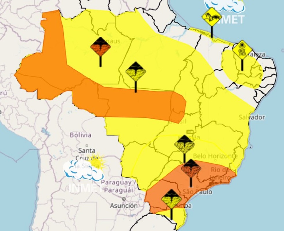 Alertas de níveis laranja e amarelo representa um perigo potencial de temporais — Foto: INMET/ Reprodução