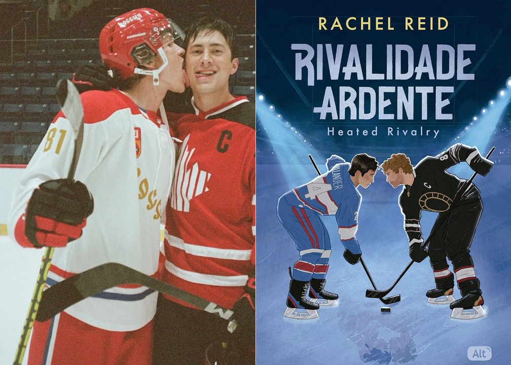 Hudson Williams e Connor Storrie nos bastidores da série 'Heated Rivalry'; e a capa do livro 'Rivalidade Ardente' — Foto: Reprodução