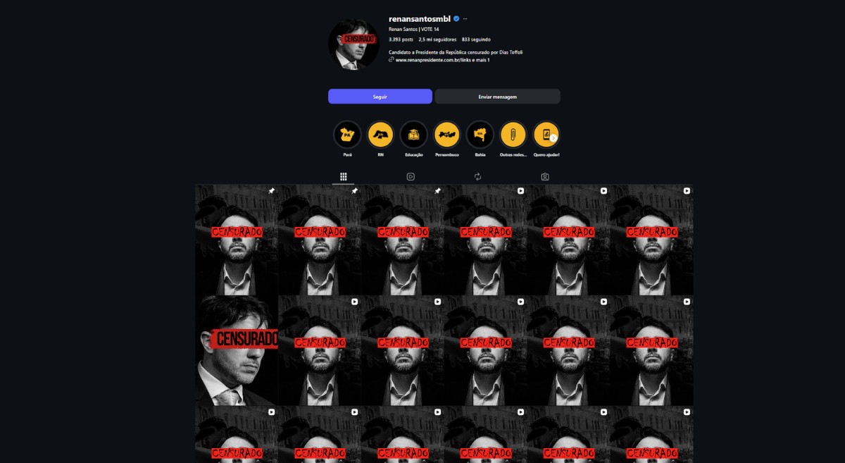 Redes sociais de Renan Santos voltam ao ar após Toffoli liberar campanha digital