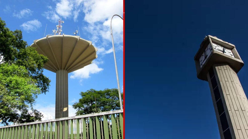 Caixa d'àgua de Ceilândia (á esquerda) e Praça do Relógio (à direita). — Foto: g1/Reprodução