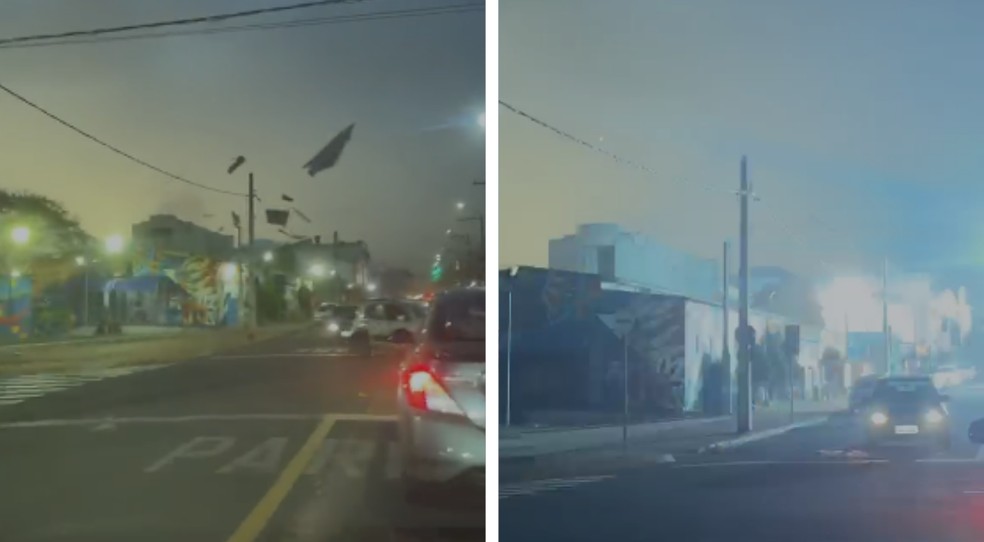 Momento em que o telhado voa e bate na rede elétrica — Foto: Imagens cedidas/Prefeitura de Andradina