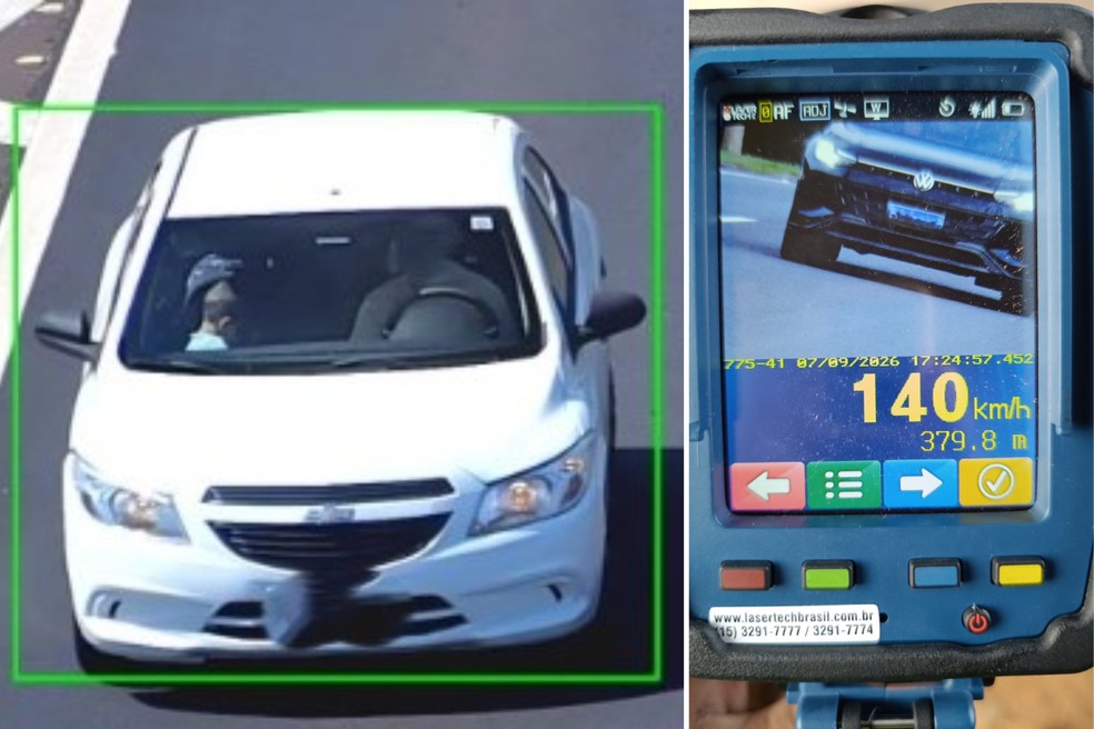 Criança no banco da frente sem cinto de segurança e veículo a 140 km/h foram flagrados em Presidente Prudente — Foto: Polícia Rodoviária/Divulgação