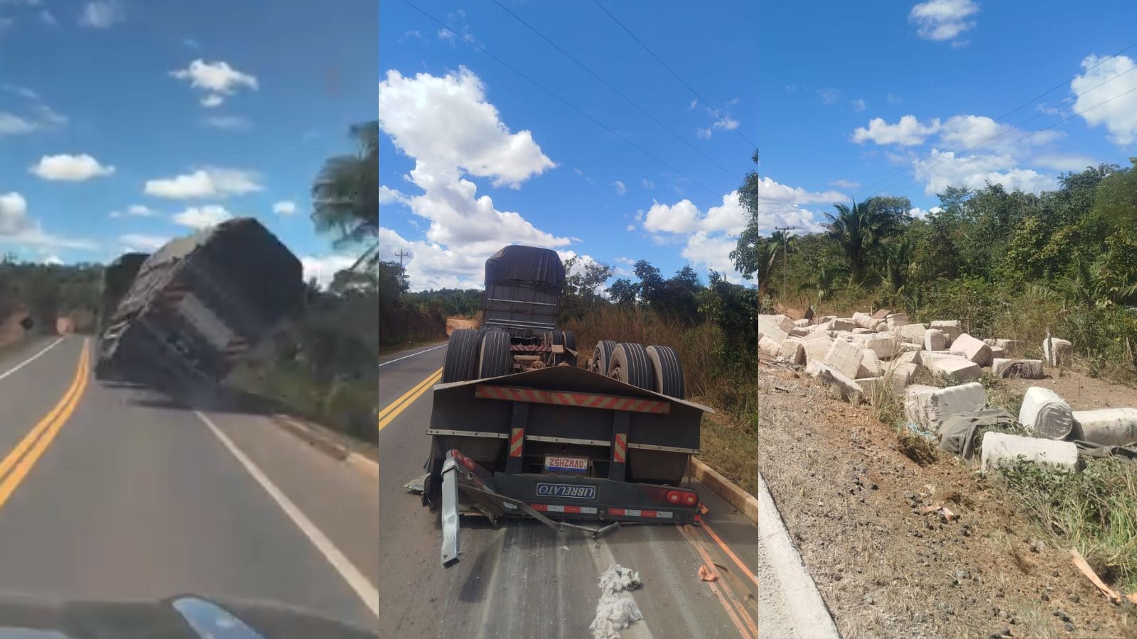 VÍDEO: Carreta carregada de algodão tomba após pneu estourar em rodovia do PI
