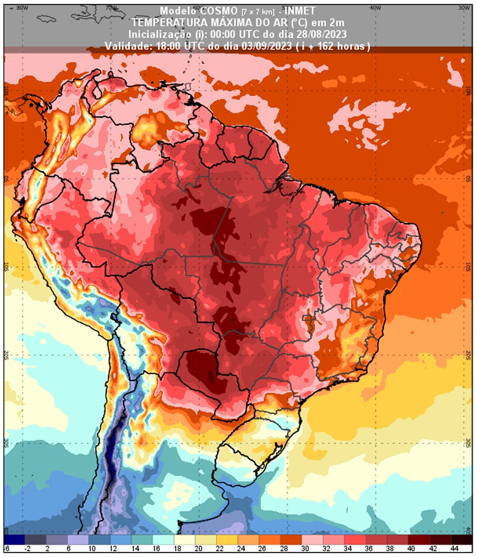 Previsão de temperatura máxima para o dia 3 de setembro de 2023, às 15h (horário de Brasília). — Foto: INMET/Divulgação