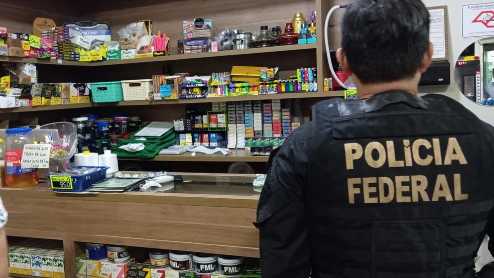 Agente da PF durante ação contra comércio ilegal de cigarros eletrônicos, em estabelecimento de Santa Fé do Sul (SP), na manhã desta quinta-feira (12) — Foto: Polícia Federal/Divulgação