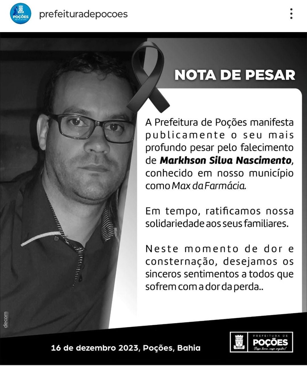 Prefeitura de Poções publicou nota de pesar — Foto: Redes sociais