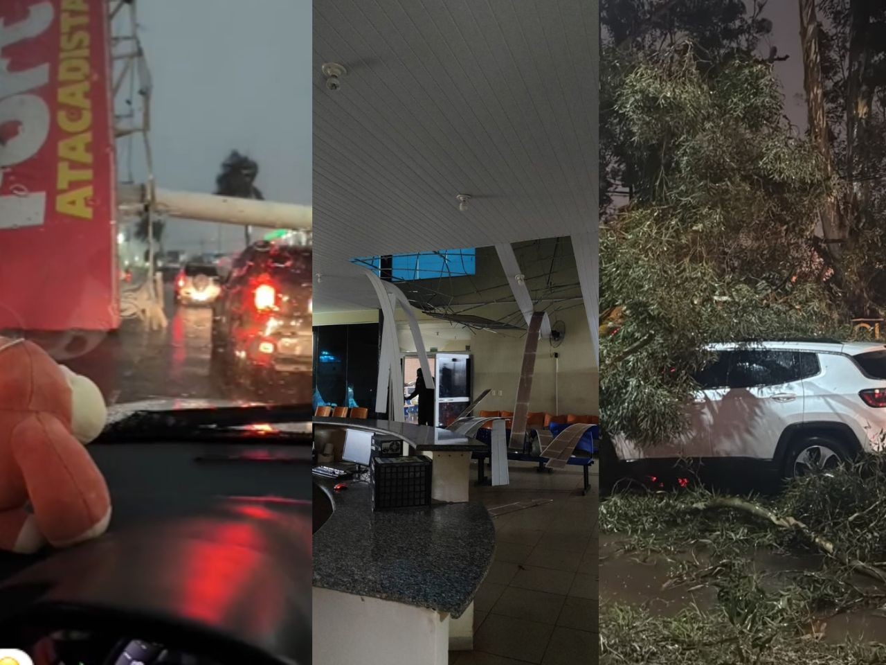 Temporal com granizo derruba letreiro, árvores em veículos e deixam bairros no escuro em Campo Grande