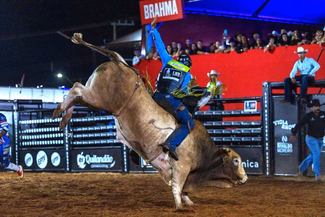 Peão se equilibra no touro em prova de montaria do Limeira Rodeo Music 2026 — Foto: Thomaz Marostegan/g1