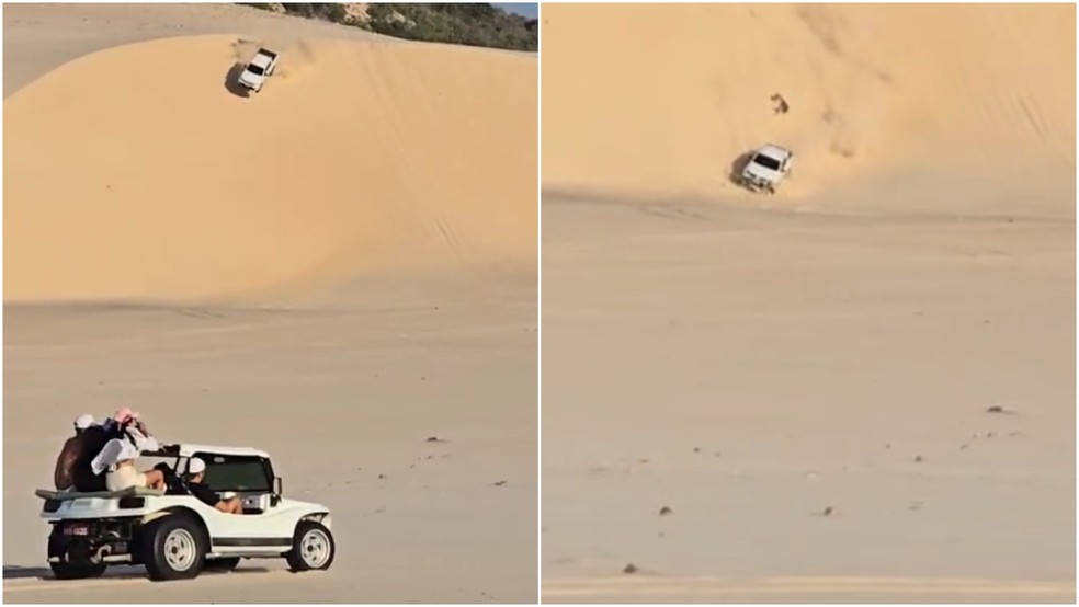 Motorista tenta manobra radical em duna de Canoa Quebra, no Ceará, e danifica veículo — Foto: Arquivo pessoal