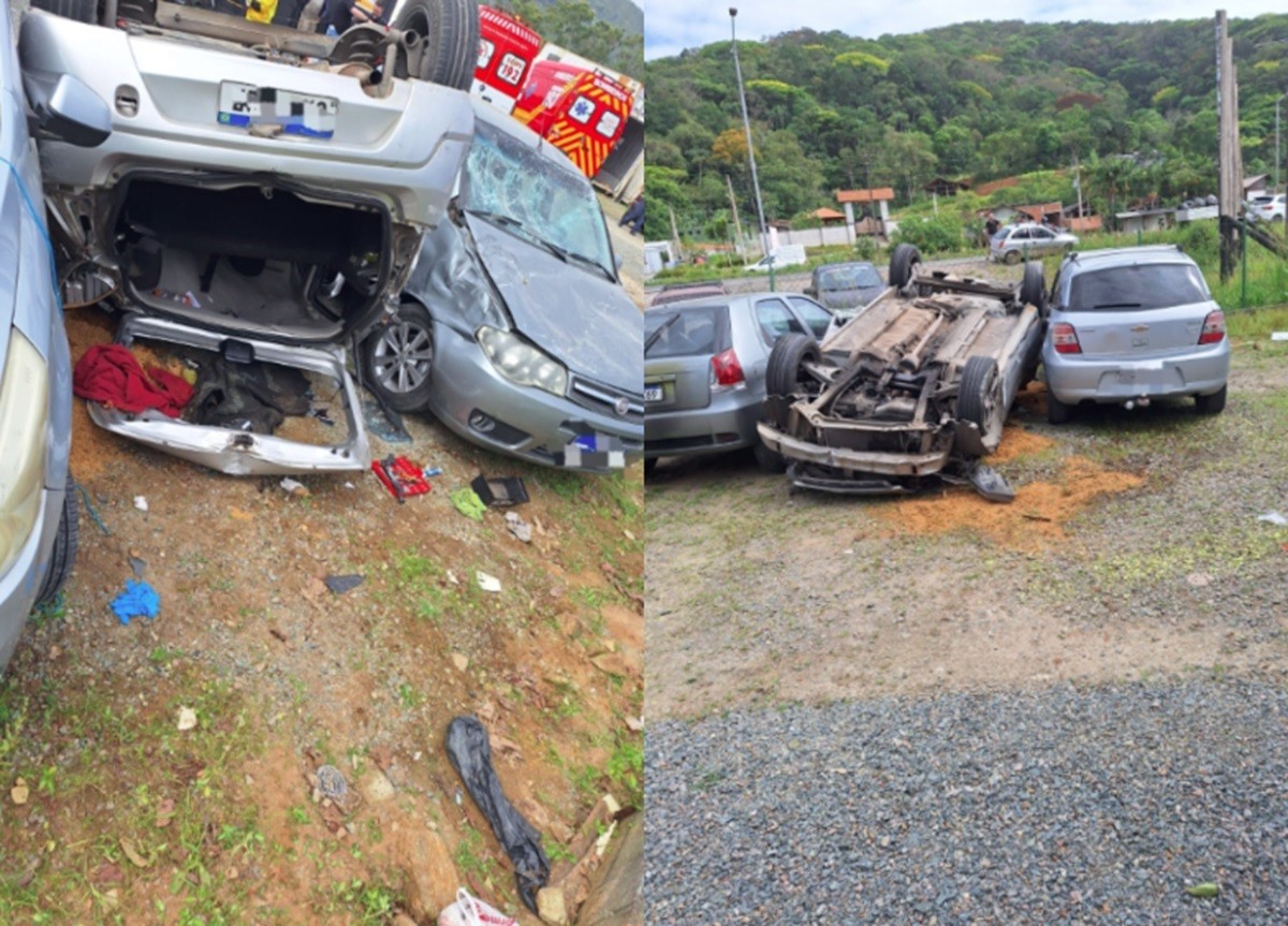 Carro capota após colisão e cai sobre outros veículos na rodovia de acesso ao Beto Carrero, em SC