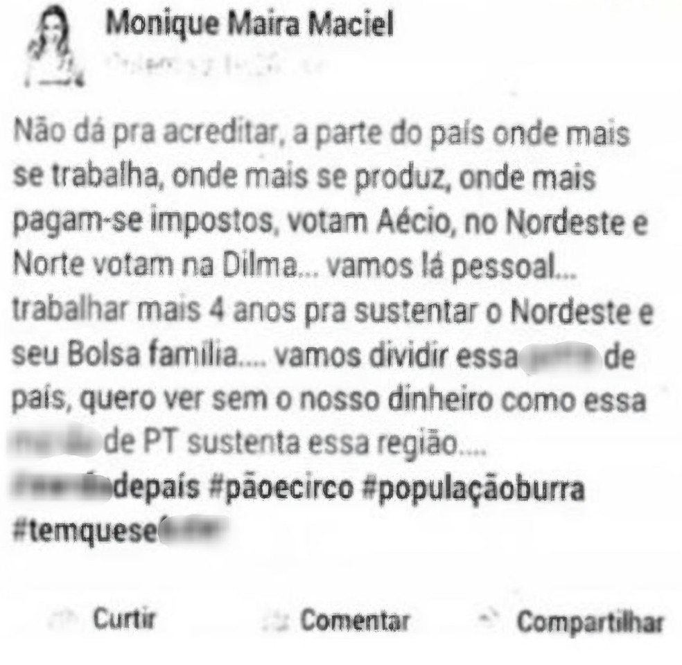 Monique Maira Maciel ofendeu eleitores do Norte e Nordeste do país, em 2014 — Foto: Reprodução