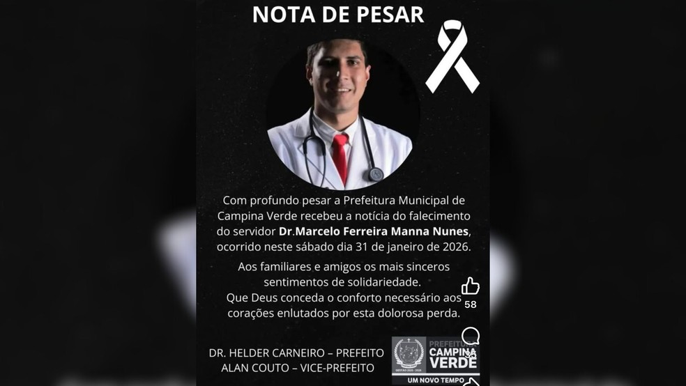 Nota de pesar divulgada pela prefeitura de Campina Verde &mdash; Foto: Prefeitura de Campina Verde/Redes Sociais