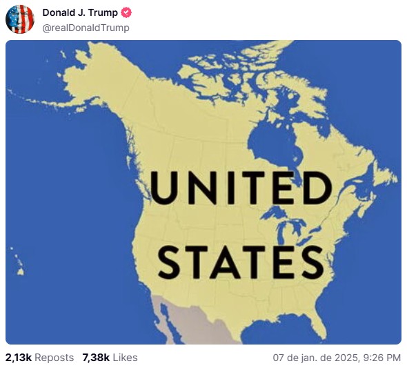 Trump publica mapas dos Estados Unidos com o Canadá anexado