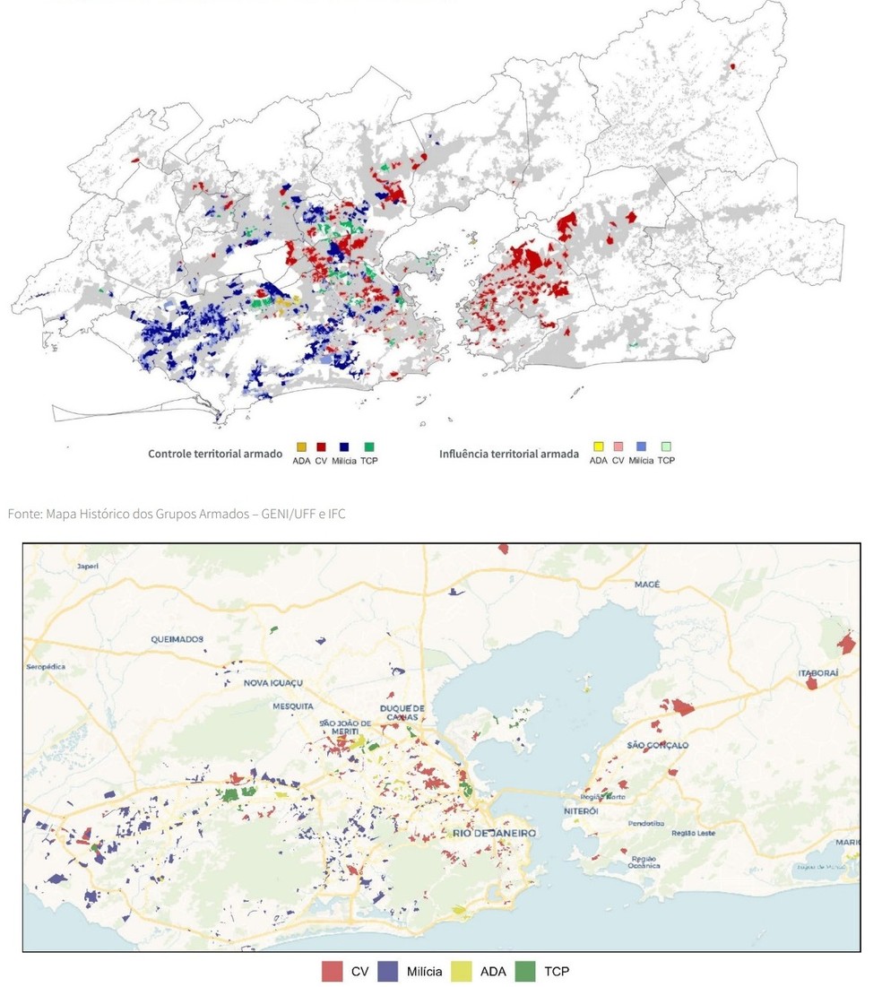 Mapa superior mostra a nova configuração do crime no Rio. O mapa na parte inferior da imagem mostra como era a situação em 2007. — Foto: Reprodução