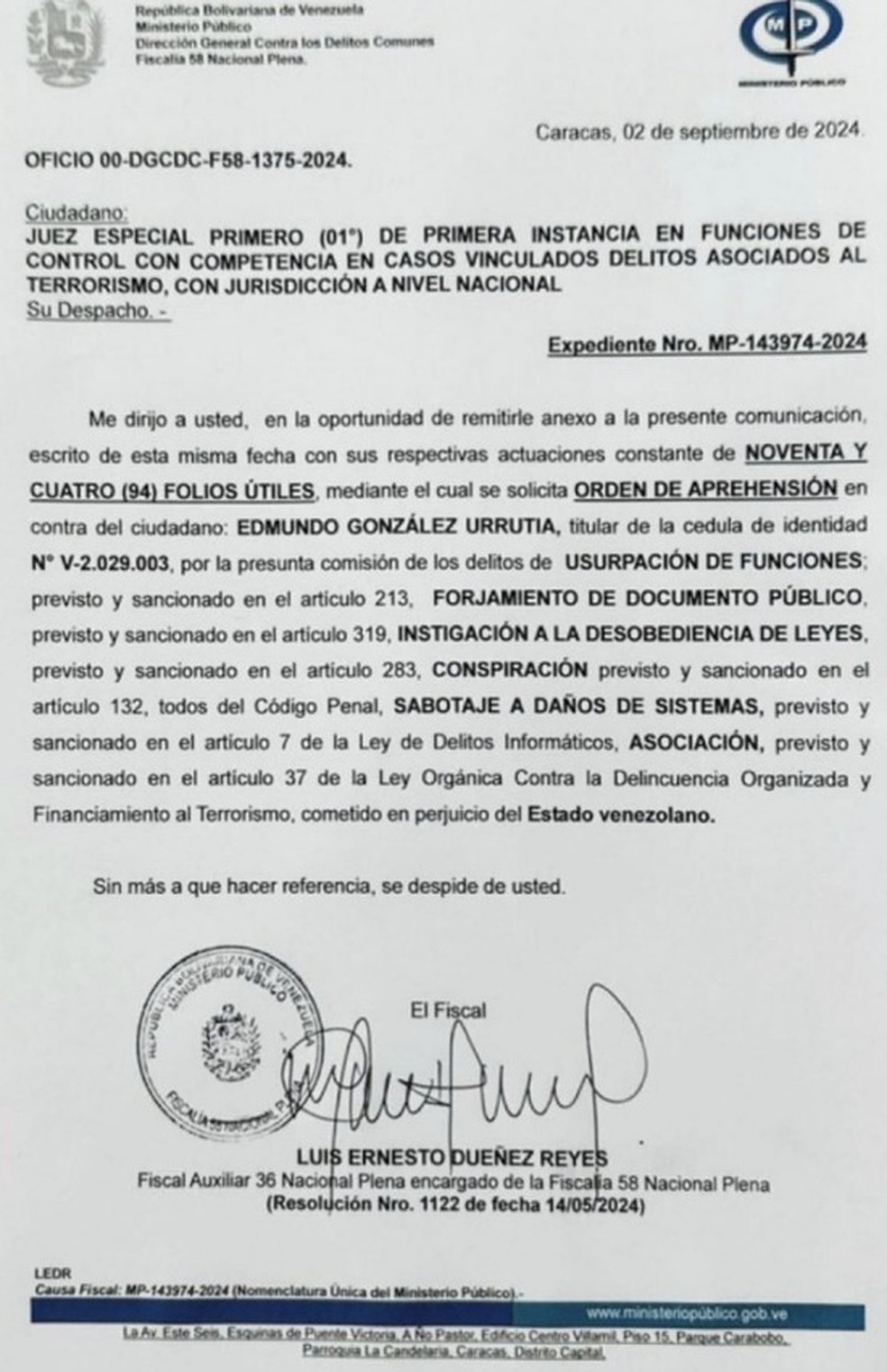 Pedido de prisão de Edmundo González — Foto: Reprodução