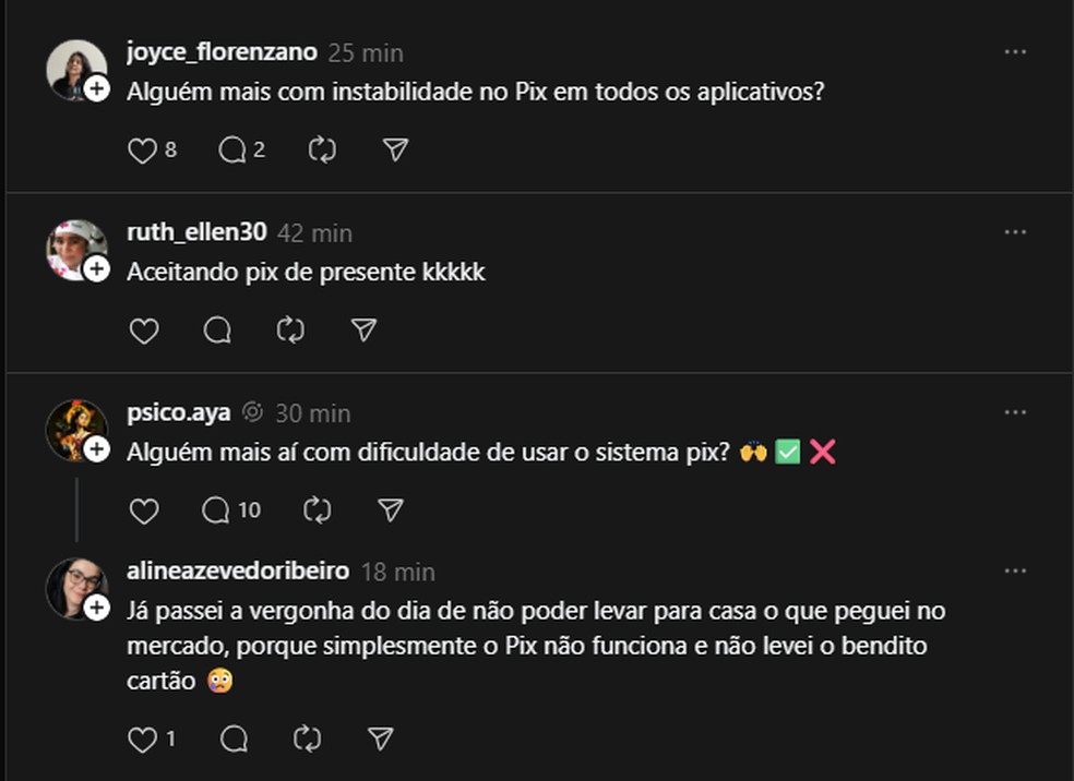 Usuários relatam instabilidade no PIX nas redes sociais nesta segunda-feira (29). — Foto: reprodução/Threads