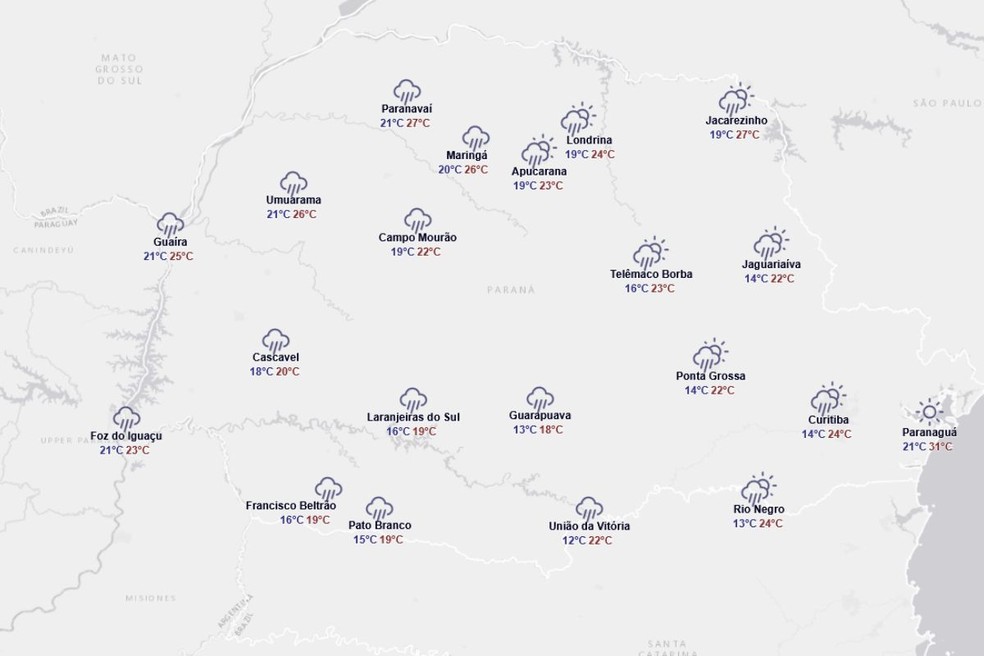 Previsão do tempo para sexta-feira (12). — Foto: Reprodução/Simepar