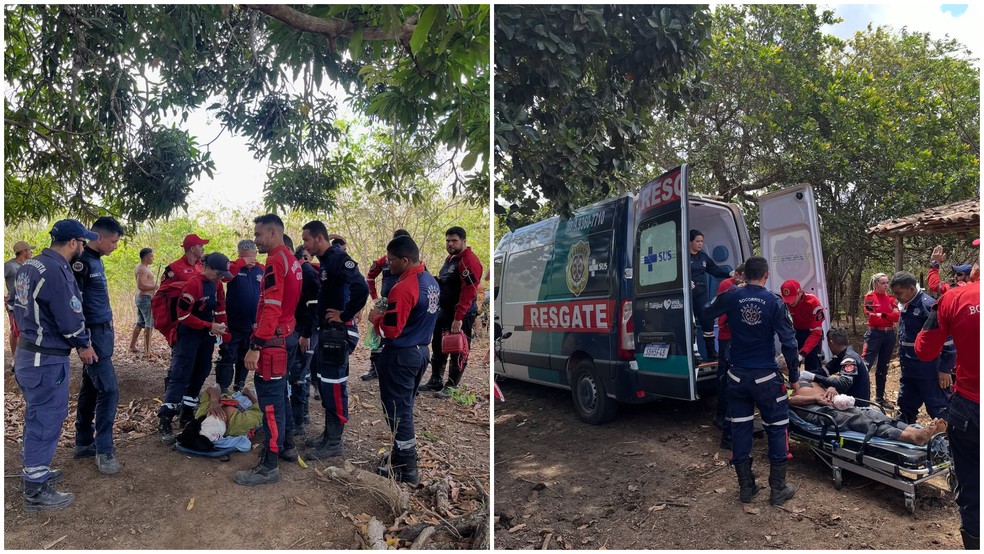 Idoso de 73 anos precisou ser resgatado após cair de penhasco com cerca de 10 metros de altura em Tianguá (CE) — Foto: Grupamento de Resgate de Tianguá