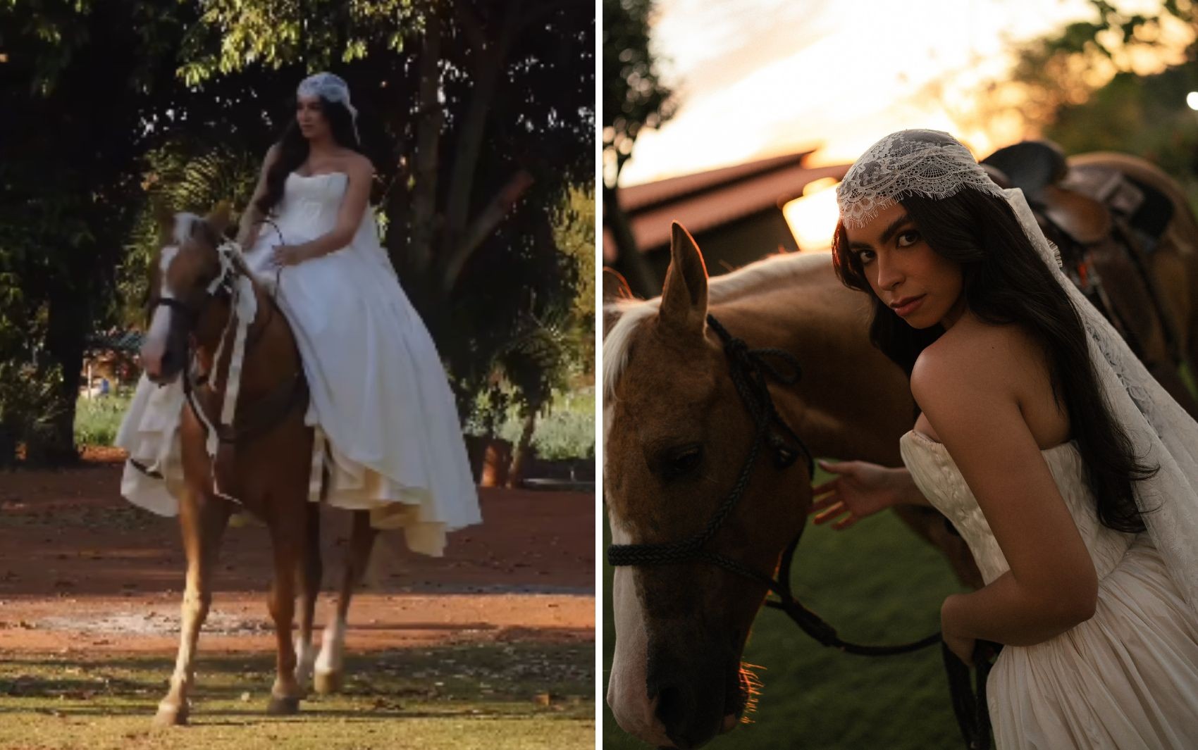 Sonho de infância: noiva apaixonada por cavalos chega a casamento montada em égua, em Goiás