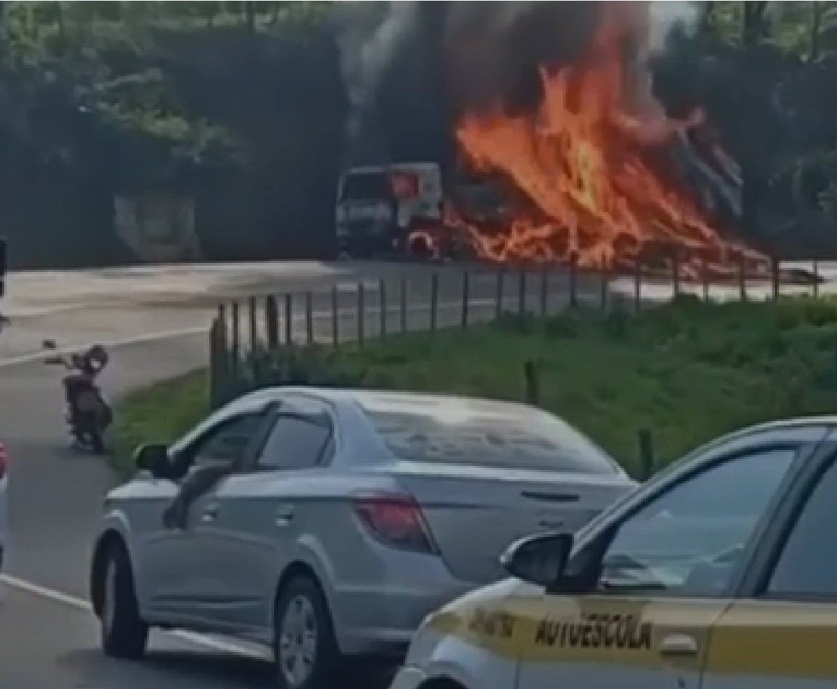 Caminhão com carga de papelão pega fogo na RJ-186, em Pádua