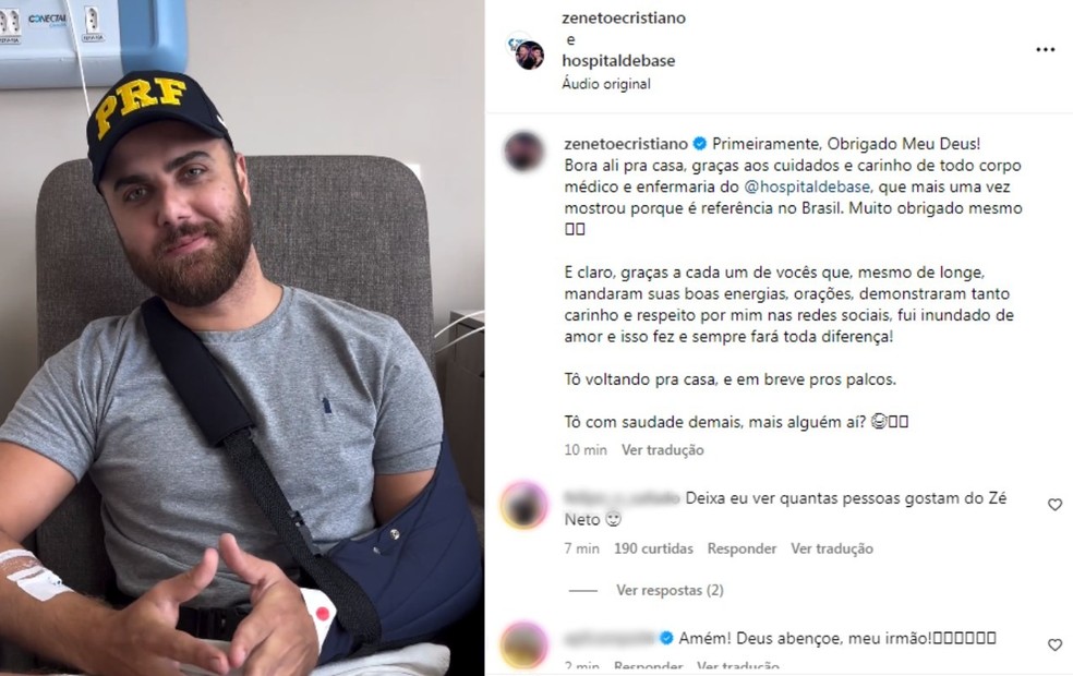 Zé Neto publicou um vídeo nas redes sociais, onde agradeceu a equipe do Hospital de Base e apoio dos fãs — Foto: Reprodução/Instagram