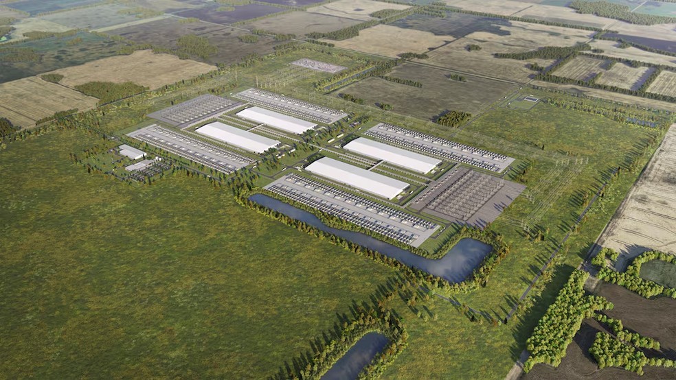 Representação artística do centro de dados de IA planejado pela Meta - o primeiro da empresa no Canadá, a ser construído em Sturgeon County, Alberta — Foto: Meta/Divulgação