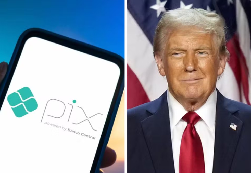 Celular mostra o PIX, ao lado do presidente Donald Trump — Foto: ReproduçãO e Alex Brandon/AP