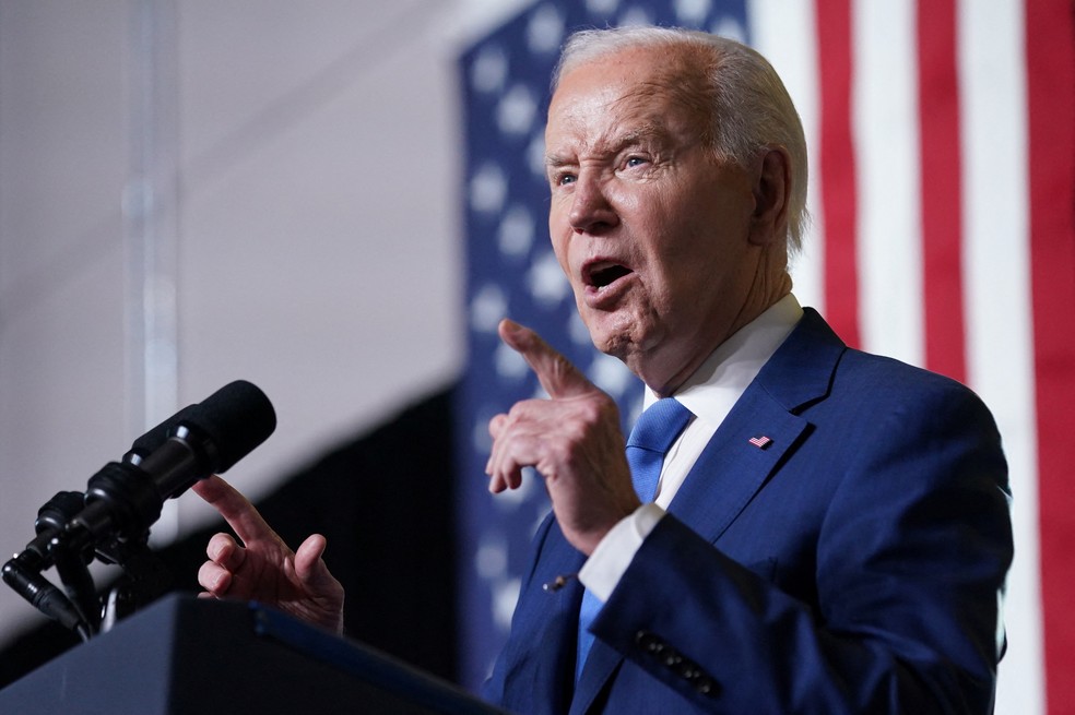 Biden discursa no dia 8 meio de 2024 — Foto: REUTERS/Kevin Lamarque