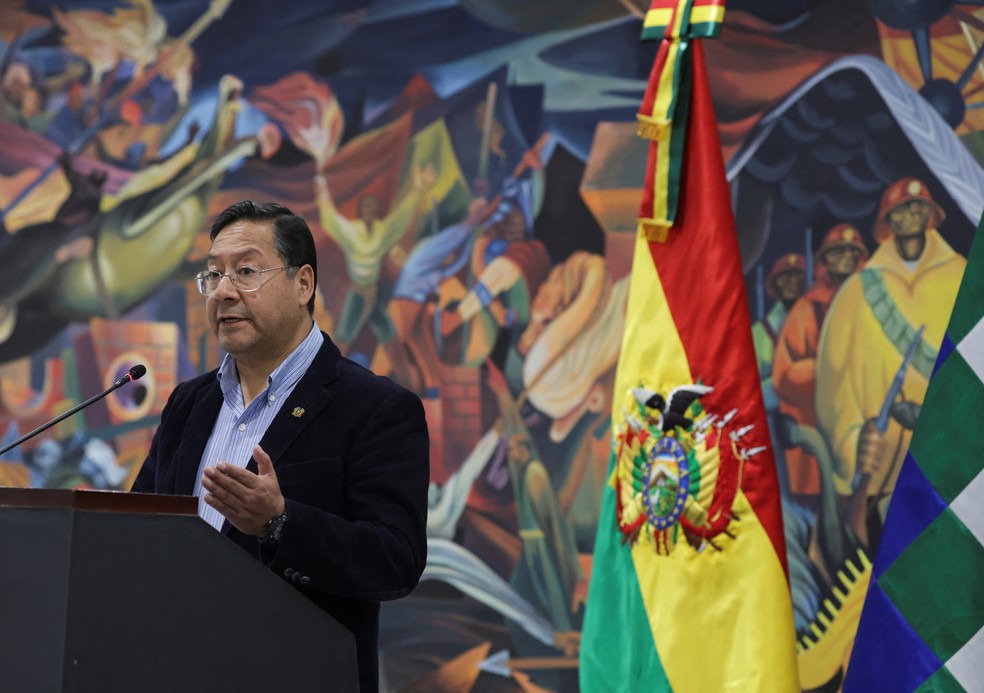 Presidente da Bolívia, Luis Arce, durante coletiva de imprensa na Casa Grande do Povo, onde estão instalados os escritórios presidenciais do país. — Foto: Reuters