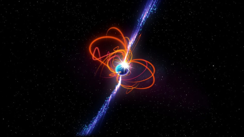Representação artística do magnetar de período ultralongo. O novo objeto emite ondas de rádio a cada 22 minutos — Foto: ICRAR