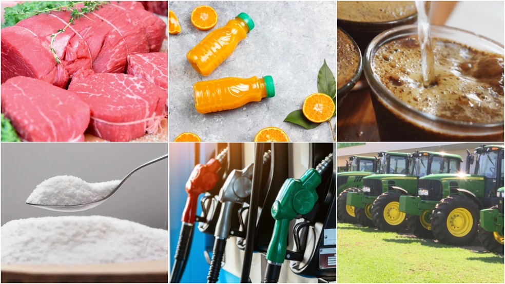 Carne, suco de laranja e café isentos do tarifaço; açúcar, etanol e máquinas agrícolas sujeitos a novas tarifas — Foto: g1