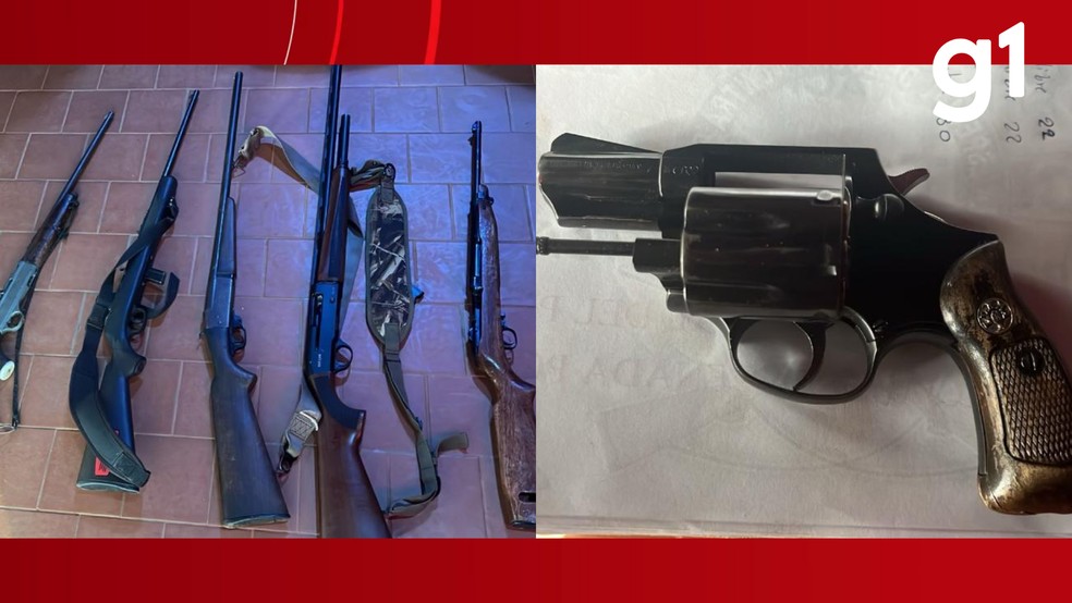 Com o foragido, foram apreendidas seis armas de fogo, sendo cinco espingardas e um revólver — Foto: Polícia Civil