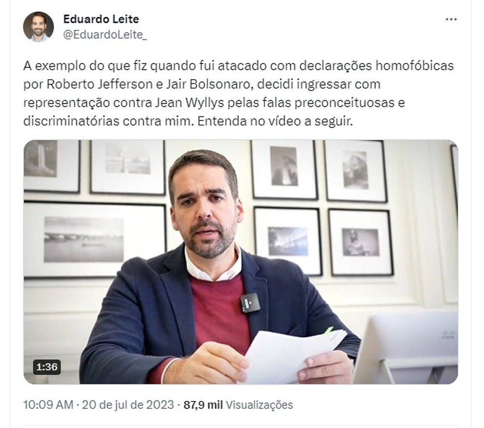 Eduardo Leite anuncia que registrou denúncia no MP por homofobia contra Jean Wyllys — Foto: Reprodução/Redes sociais